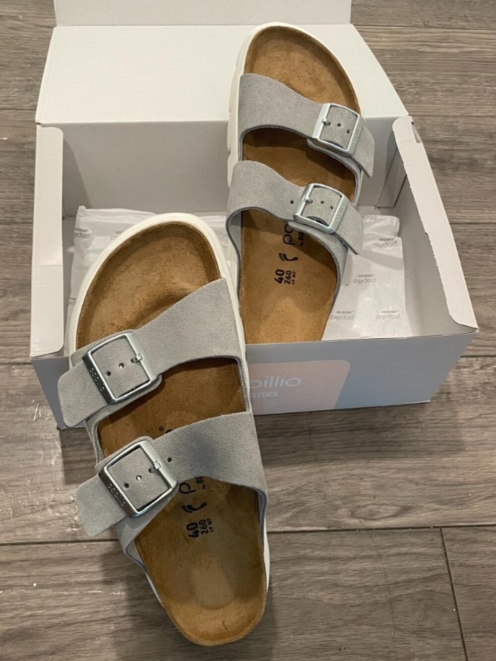 Papillio by BIRKENSTOCK Arizona Platform Vegan Sandals | Grey + White | Size 9